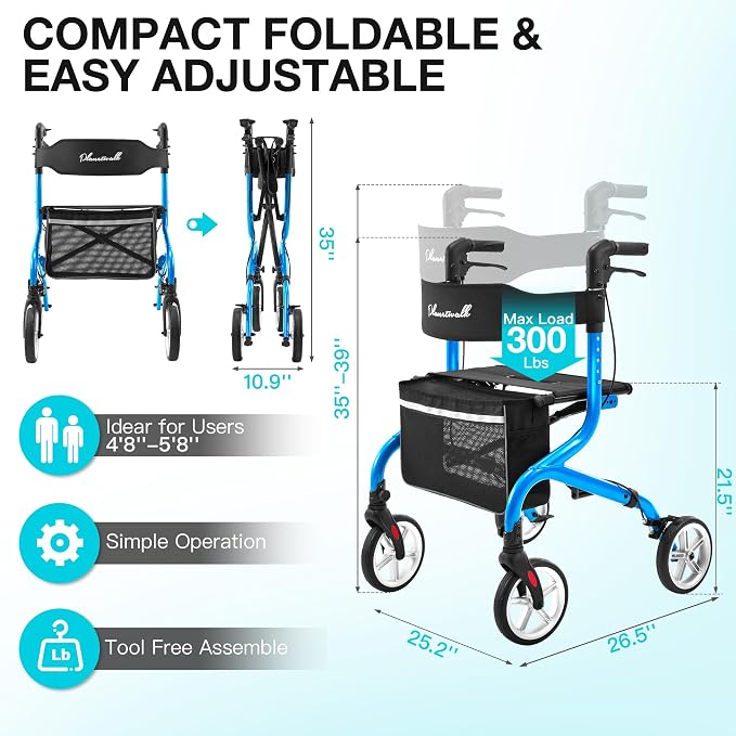 PLANET WALK Super Lightweight Rollator Walker for Seniors, Foldable Rolling Walker with Seat and 8" Rubber Wheels for All Terrain, Unique Design Aluminium Frame Sturdy Walkers for Traveling - Blue