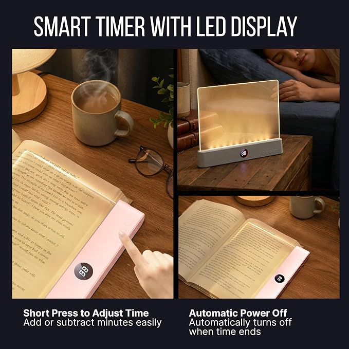 Book Reading Light Flat Screen Smart LED - Full Page Panel Lights for Books Reader in Bed at Night - Rechargeable Portable Dimmable Clear Study Lamp 3 Colors Timer for Bedside Travel (Pink)