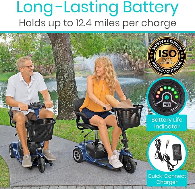 Vive 3 Wheel Mobility Scooter - Electric Powered Mobile Wheelchair Device for Adults - Folding, Collapsible and Compact for Travel - Long Range Power Extended Battery with Charger and Basket Included