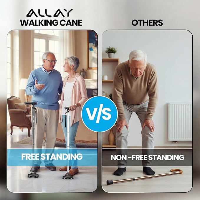 Allay Walking Canes for Men & Women - Adjustable Canes for Women for Stability, Self Standing Wide Quad Pivot Base, Light Weight, Soft Handle Grip and Travel Bag, Walking Sticks for Seniors