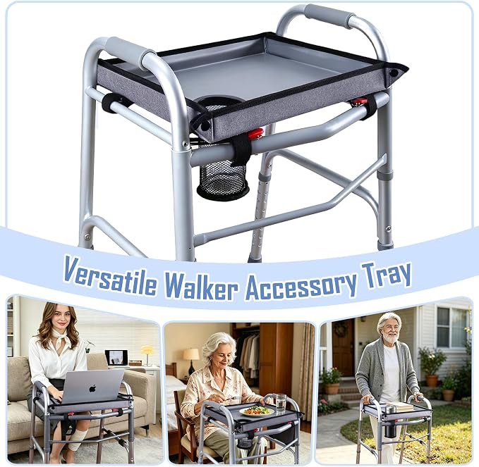 Walker Tray with Cup Holder – Universal Hard Top Walker Accessory for Seniors | Adjustable Side Panels, Waterproof & Easy to Install, With Cup Holder Keeps Drinks Stable, Universal Fit, No Tools Required