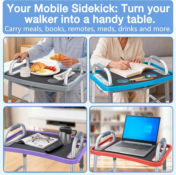 Walker Tray for Seniors with Dual Cup Holders & Side Pouch (Red) | Durable Food & Drink Table, Lightweight with Non-Slip Pad, Compatible with Walker of 10210-1 Model