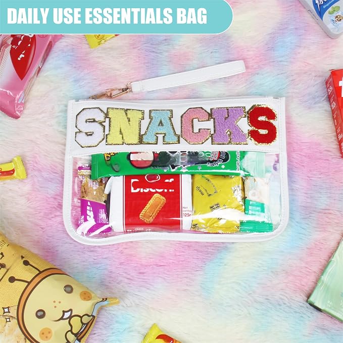 BuyCard Clear White Snack Bag for Travel, Varsity Chenille Letter Patch Flat Cosmetics Pouch with Zipper, Preppy Snacks Makeup Bags, Waterproof PVC&PU Cosmetic Toiletry Bag for Women Girls