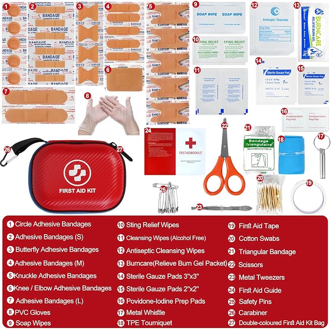 Small First Aid Kit - 185 Pieces Waterproof Emergency Kit for Home, Car, Office, Travel, Camping, Hiking & Outdoor - Portable Hard Case Survival Kit with Premium Supplies(Blue/Red)