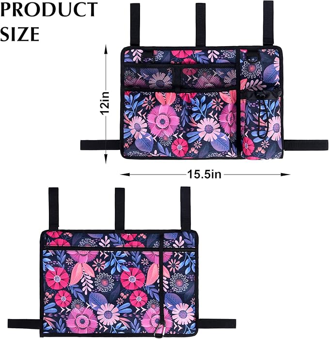 Walker Accessories for Folding Seniors Bag Walker Organizer Storage Pouch Cup Holder Carry with Pockets Detachable -red Flower