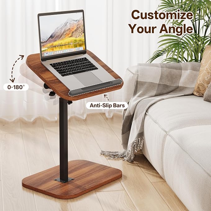 TV Tray Table, C Shaped End Table | Adjustable Height, Flip-Top, Snack Side Table with 360° Swivel and 180° Tilt, for Couch, Sofa, Bed, Recliner, Walnut