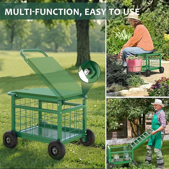 Garden Cart with Seat,3-in-1 Rolling Seat with Wheels for Seniors Gardening | Upgraded Heavy Duty Gardenning Cart with Seat, Supports up to 500 LBS for Seniors, Lawn, Patio & Backyard Gardening, Green