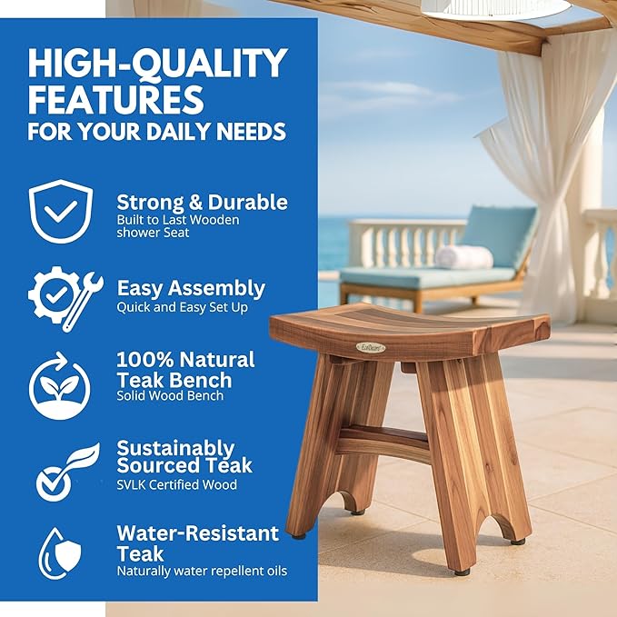 EcoDecors Teak Shower Bench 18", 300 lb Capacity – Waterproof Wood Bath Seat for Adults - Compact Spa Stool for Small Bathrooms & Walk-in Showers with Slip-Resistant Feet