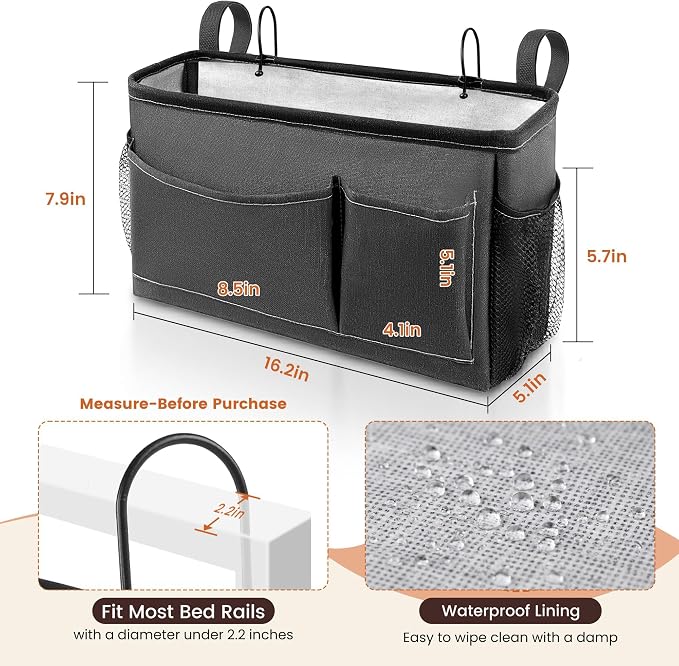 Bedside Caddy for Dorm Bed, Bedside Storage Bag Hanging Organizer | Metal Frame, Water-Resistant Lining, Fits Bed Rails up to 2.2 In, Adjustable Straps, Bunk and Hospital Beds(1 Pack, Dark Grey