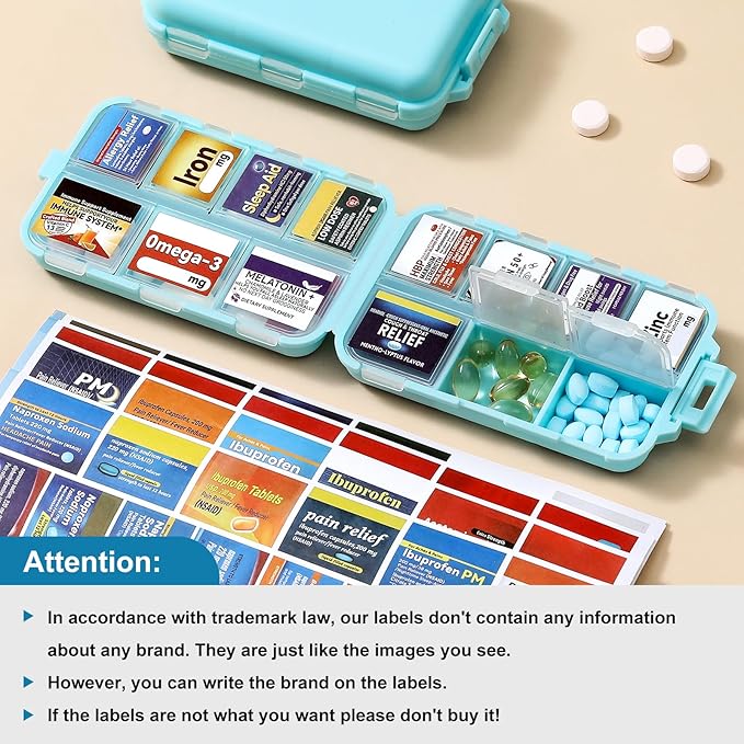 3 Pack 14 Grids Travel Pill Organizer Box with 415-Pcs Medicine Name Labels - Pocket Daily Pharmacy Case Container Kit - Travel Medication Holder Dispenser for Fish Oil Vitamin, Khaki+Grey+Sky Blue