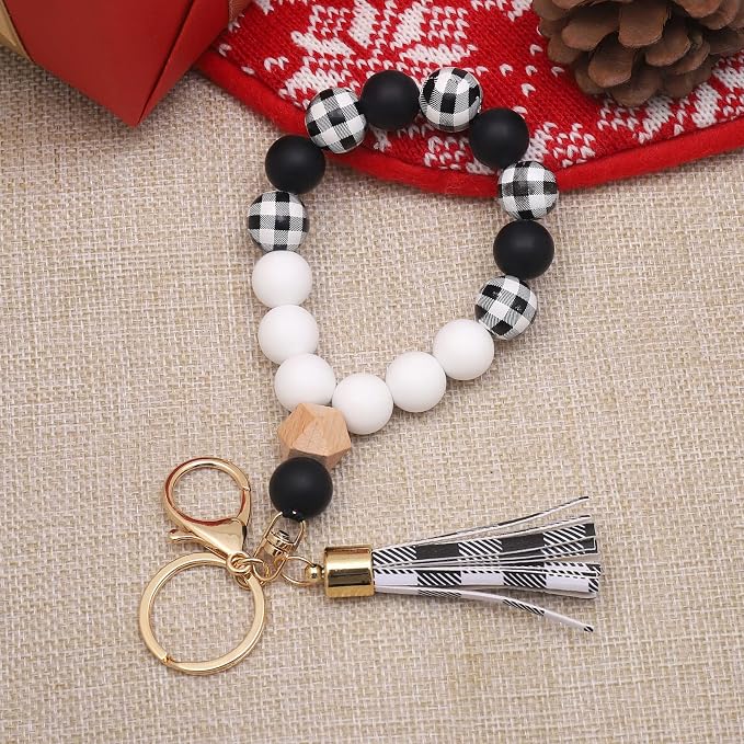 BAOSIWA Silicone Key Ring Bracelet Wristlet Keychain Unique Beaded Bangle Key Chains for Women with Leather Tassel