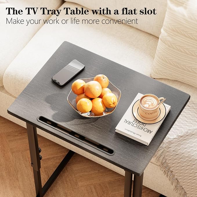 Adjustable Height Tv Tray Table,Portable Folding Tv Tray Dinner Snack Trays Table,Small Foldable C-Shaped End Table for Eating,Slide Under Couch Side with Sturdy MDF Top,No Assembly(Black+Black)