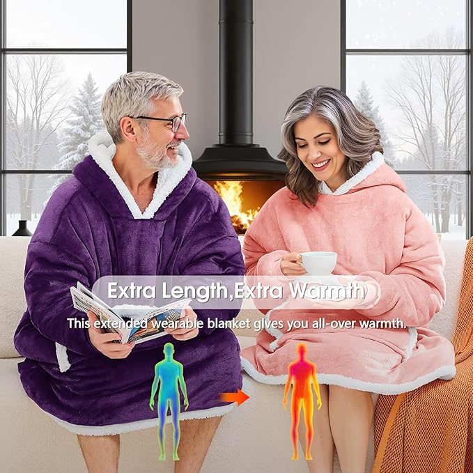 JOYWOO Pink Oversized Wearable Blanket Hoodie,Cat lovers Long Hoodie Blanket for Adult,Birthday Gifts for Women Men Mom,Cozy Sherpa Sweatshirt Hooded Blanket Giant Pocket Gifts,Mellow Rose Oversize