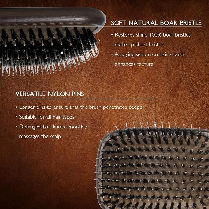 Boar Bristle Hair Brush Set, Soft Bristle Detangler for Enhancing Shine | for Long, Short, Thin, Curly, Straight, or Wavy, Hairbrush Great for Men, Women, and Kids
