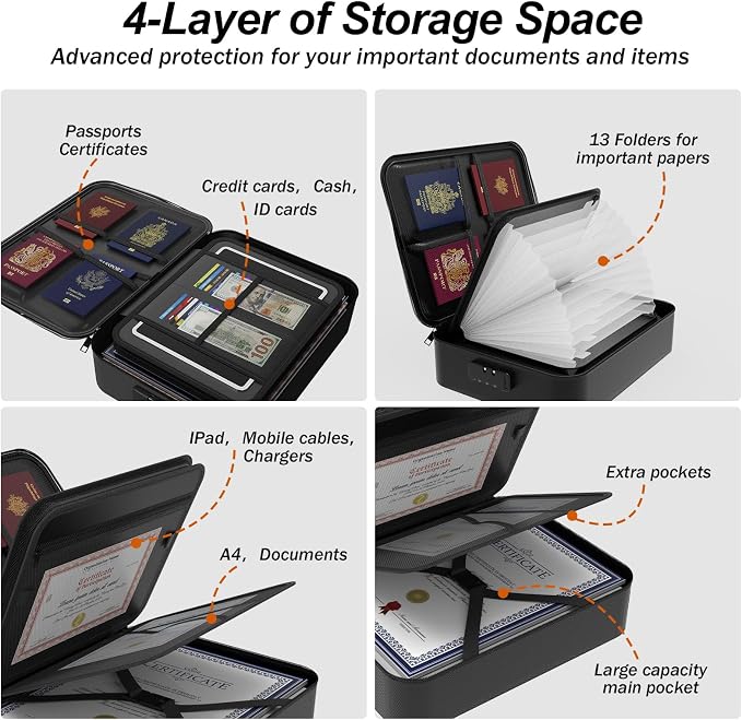 Large Fireproof Document Box with Lock,Upgraded Waterproof Fireproof Document Bag,Important Document Organizer Binder Hard Case Safe,5200℉ Fire Proof File Box,Portable for Business Travel Home