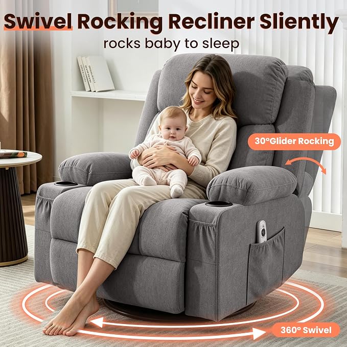 MAHOMICO Swivel Rocker Recliner Chair with Vibration Massage and Heat for Living Room,with Rocking Function and Side Pocket, USB Charge Port,2 Cup Holders
