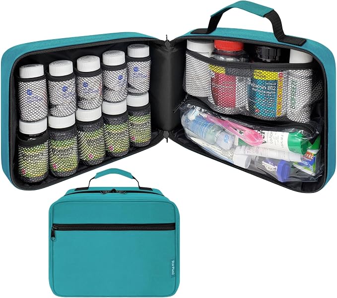 Large Medicine Organizer Bag – 10 Pocket Pill Bottle Organizer for Travel & Home Storage, Turquoise