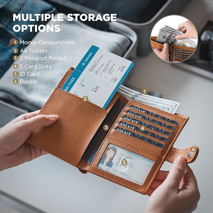 VULKIT Dual Passport Wallet for 2 Passports Airtag Holder RFID Blocking Travel Wallets