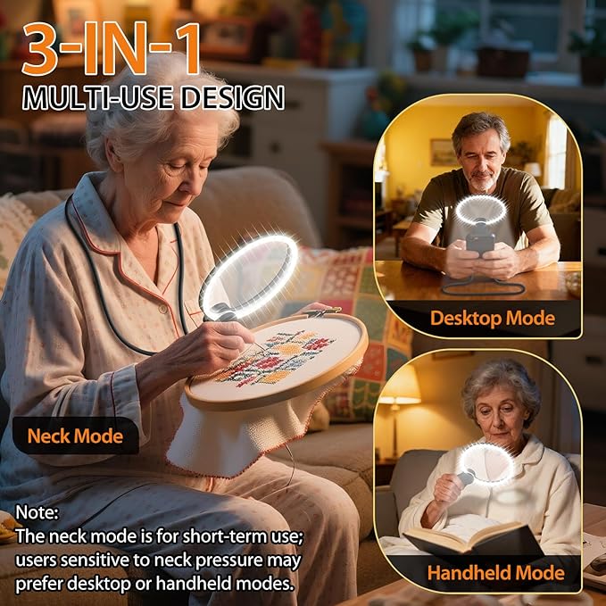 Hands-Free Magnifying Glass with Light, 5X Neck Magnifier for Close Work, Reading Small Print, Cross Stitch, Sewing & Crafts, Rechargeable Lighted Magnifier, Vision Aid for Seniors & Low Vision