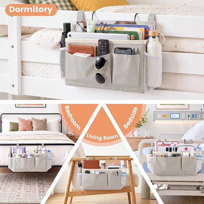 Bedside Caddy for Dorm Bed, Bedside Storage Bag Hanging Organizer | Metal Frame, Water-Resistant Lining, Fits Bed Rails up to 2.2 In, Adjustable Straps, Bunk and Hospital Beds(1 Pack, Light Gre
