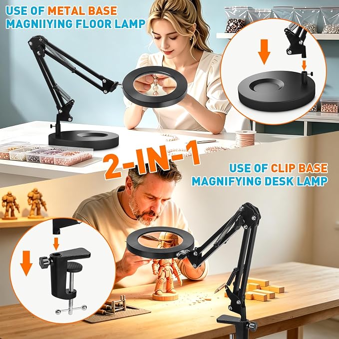 KIRKAS 10X Magnifying Glass with Light and Stand, 2 in 1 Stepless Dimmable | LED Desk Lamp with Clamp, 3 Color Modes Lighted Magnifier Swivel Arm Light for Reading, Craft, Close Works - Black