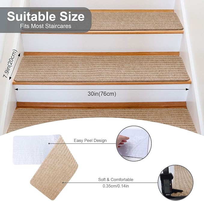 15 PCS Non Slip Stair Treads for Wooden Steps – 8"x30" Indoor Non Slip Stair Treads, Carpet Stair Mats with Self-Adhesive Backing, Removable & Machine Washable – Beige