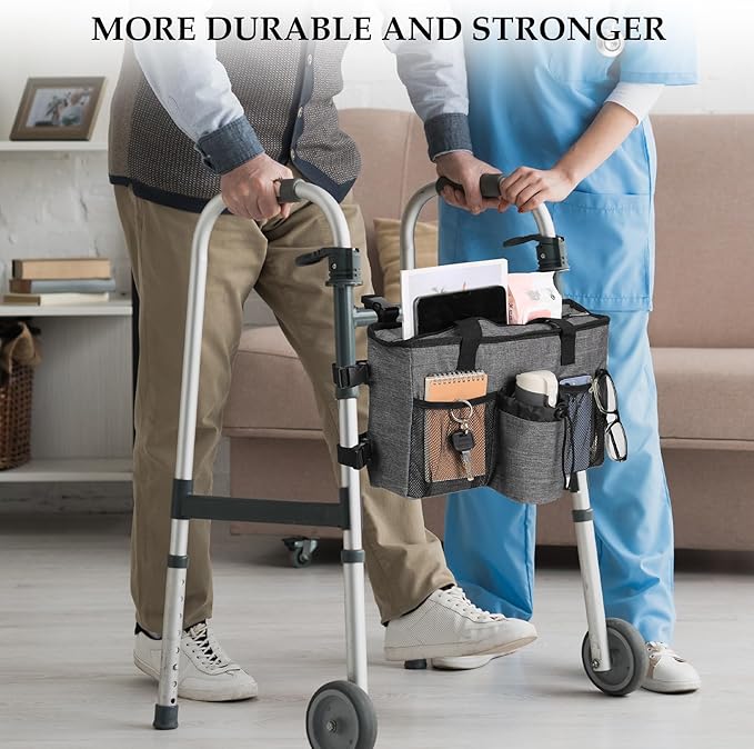 Bag for Walkers for Seniors with Pockets Walker Accessories Cup Holder Foldable Walker Pouches Storage Tray Basket (Gray)