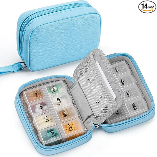 Zannaki Cute Pill Organizer for Purse with Two Removable 7-Day Pill Box, Travel PU Leather Pill Case, Portable Weekly Pill Container with Storage Bag to Hold Vitamins, Fish Oils, Supplements (Blue)