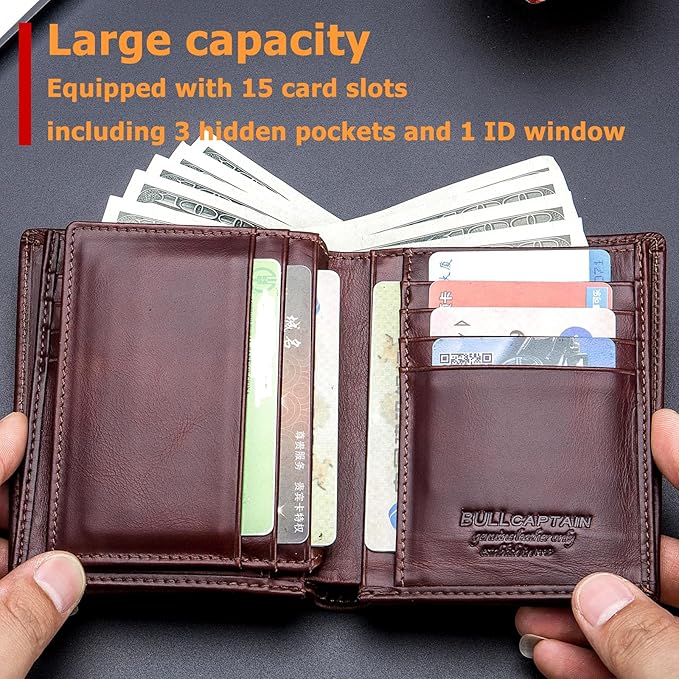 BULLCAPTAIN Large Capacity Genuine Leather Wallet for Men QB-027 | Bifold Wallet,RFID Blocking,Credit Card Holder,15 Card Slots,Special Expandable Design,gift choice