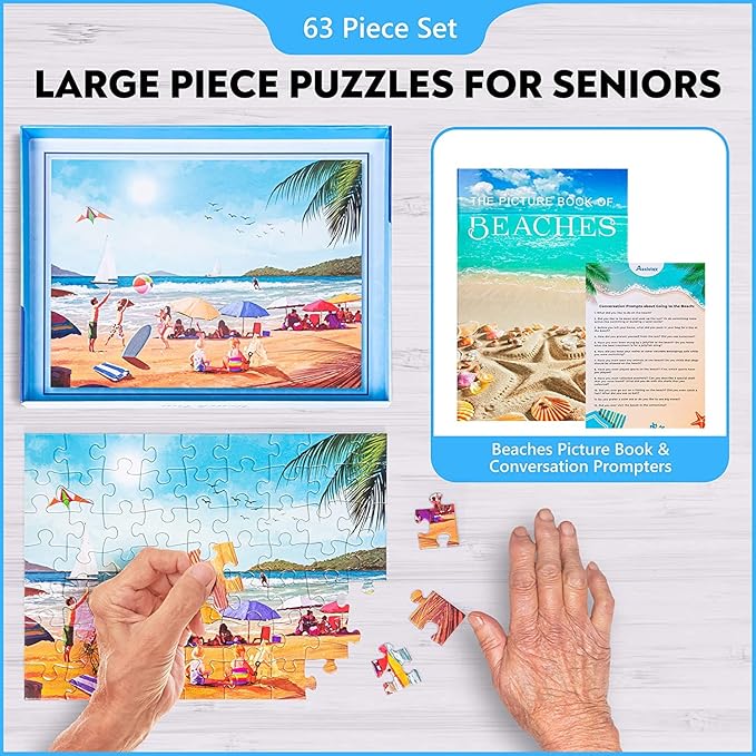 Assistex Large Piece Jigsaw Puzzle for Seniors with Dementia with Conversation Prompts, Large Piece Memory Game for Adults, Elderly, and Dementia Patients – Beach Puzzle, 63 pcs