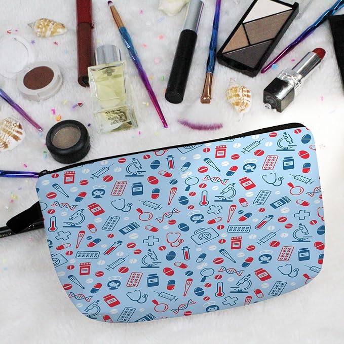 Livel lhood Blue Medical Supplies Small Makeup Zipper Bag | Blue Medical Supplies Printed Cosmetic Organizer Pouch, Medical Theme Gift for Women Friends, Cute Travel Toiletry Bag