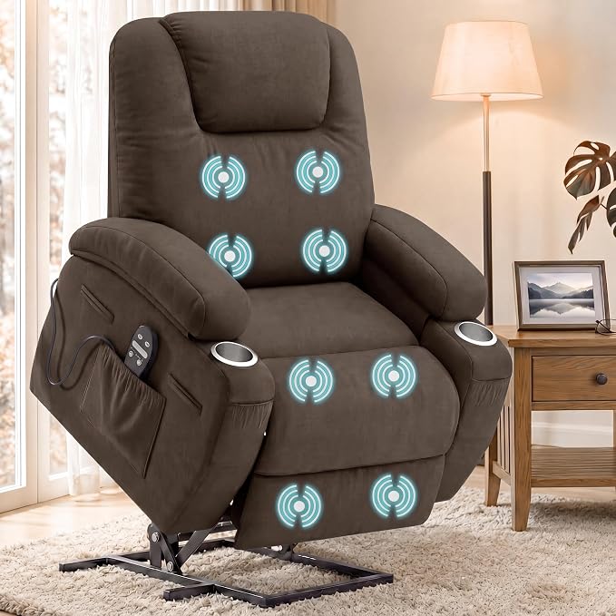 Flamaker Power Lift Chair Massage Recliner Chairs for Elderly | Ergonomic Lift Recliner Design with Cup Holders & Side Pockets, Remote Control (Dark Brown)