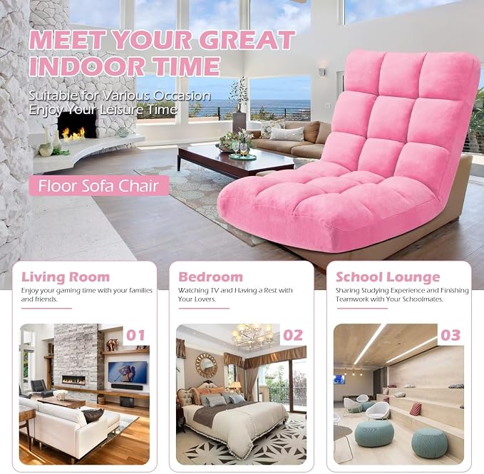 Folding Floor Gaming Chair 14-Poistion Cushioned Adjustable Floor Lazy Sofa Chair w/Breathable Cotton & Skin-Friendly Coral Velve for Adults & Kids Perfect for Reading Gaming Meditating, Pink