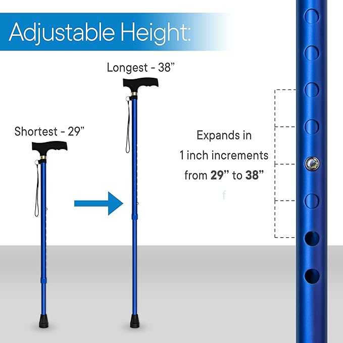 RMS Walking Cane - Adjustable Walking Stick - Lightweight Aluminum Offset Cane with Ergonomic Handle and Wrist Strap - Ideal Daily Living Aid for Limited Mobility