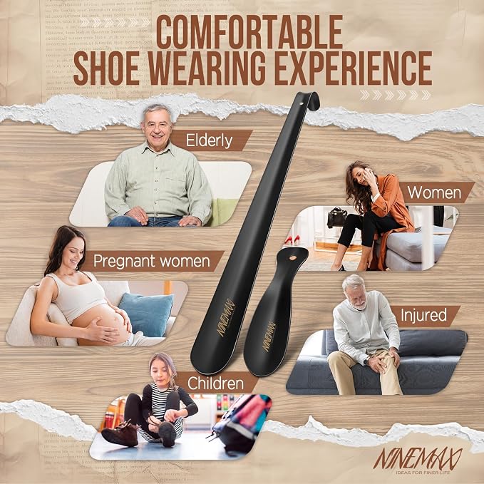 NINEMAX Shoe Horn Long Handle for Seniors Men Women, Metal Long Shoehorn Boot Horn 16.5'', Travel Small Shoe Spoon Helper for Kids 7.5''