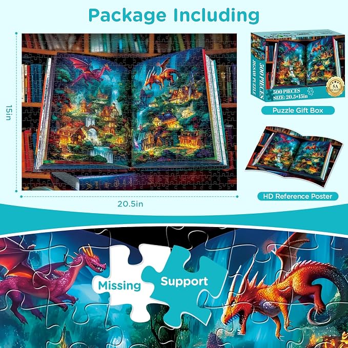 500 Pieces Puzzle for Adults,Magical Storybook Puzzle, Recycled Cardboard Fantasy Dragon World Landscape Jigsaw Puzzles 500 Piece,Hard Challenging Fun Unique Puzzle for Relaxation Wall Decor 20.5*15in