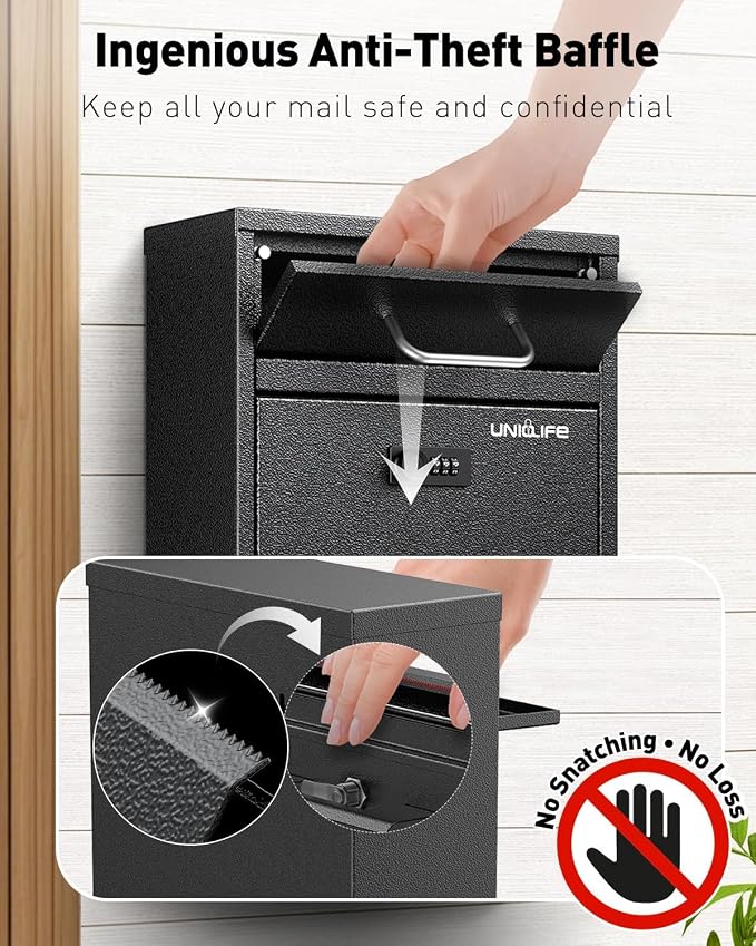 Uniclife Wall Mount Mailbox for Outside, Heavy Duty Locking Mailbox, Black | Anti-Theft Function, Large Mailbox with Combination Lock, Safe Key Drop Box, Steel Cash Drop Box for Home Office