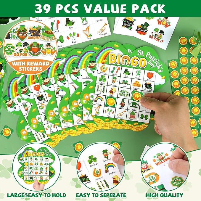 39Pcs St. Patrick’s Day Bingo Game for Adults Kids 24 Players Shamrock Shape Bingo Game Cards with Reward Stickers for Family Friend Large Group Activities St. Patrick’s Day Spring Party Favor