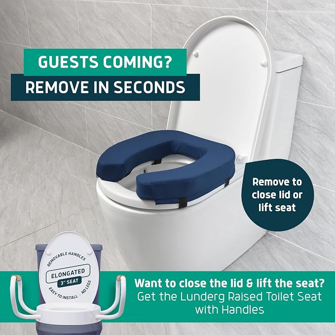 Lunderg Padded Toilet Seat Riser for Seniors - Adds 2 inches. Universal Fit | FIRM Raised Toilet Seat Cushion with High-Density Foam for Enhanced Comfort & Elevation. Post-Surgery Must have (Blue)