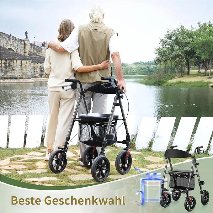 WALK MATE Walkers for Seniors, 4 x10 Inch Big Wheels Rollator Walker with Seat 350lb Weight Capacity Foldable All Terrain Rolling Walker, Lightweight Mobility Aid with Adjustable Height, Grey