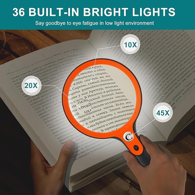 Large Magnifying Glass with 36 LED Light, 10X 20X 45X Handheld Illuminated Lighted Magnifier with 1 UV Light for Seniors Reading, Inspection, Coins, Exploring Close Work