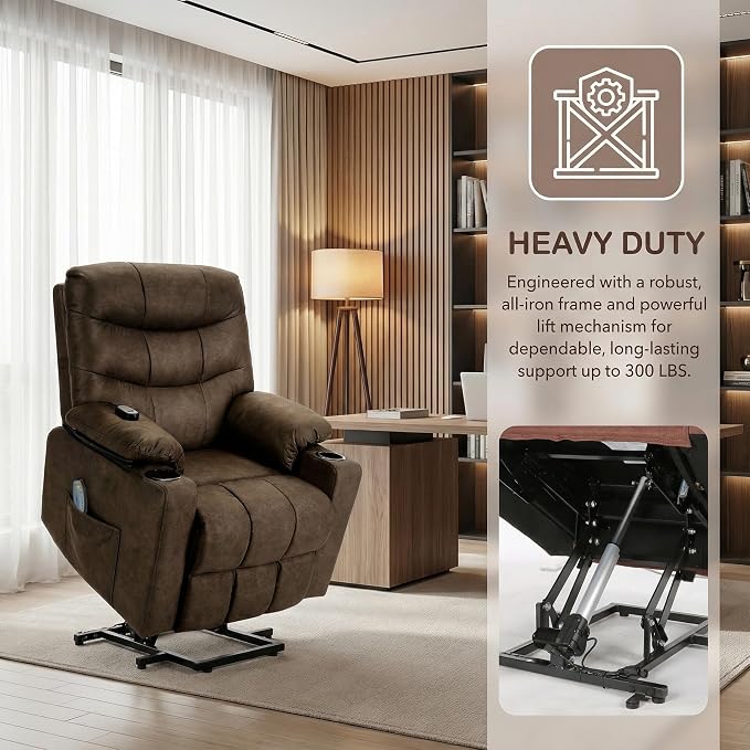 Electric Power Lift Recliner Chair for Elderly, Lift Recliner Chair with Massage and Lumbar Heat, 150° Reclining Chair with Cup Holders, Side Pockets and Remote Control, Ideal for Living Room (Brown)