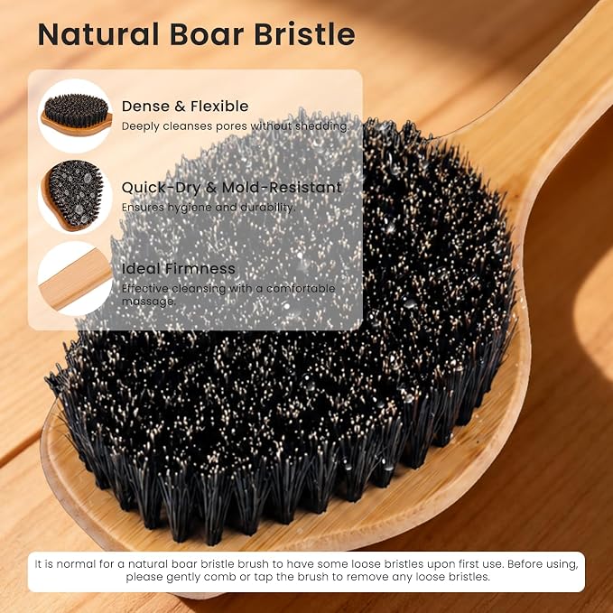 Back Scrubber for Shower，17in Bamboo with Curved Long Handle - Stiff Natural Boar Bristles for Men and Women, Deep Cleansing and Exfoliating, Anti-Slip Grip for Wet or Dry Brushing (Black)