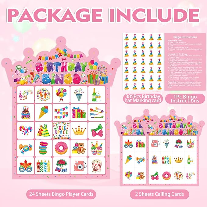 Birthday Bingo Game Cards for Party, 24 Players Birthday Party Bingo Games for School Office Family Large Group Party Activities Supplies