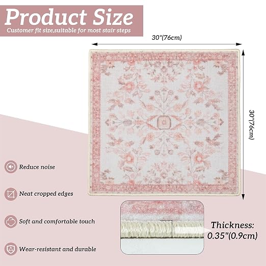 RORA Stair Treads Landing Mat, 30x30 Stair Landing Rug for Indoor | Non-Slip, Washable, For Wooden Steps, Floral Design, Stair Rugs Mat for Pets, Pink