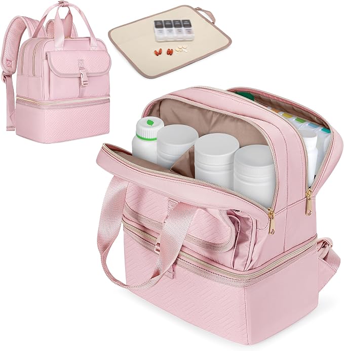 Fasrom Medicine Travel Bag, Pill Bottle Organizer w/Insulated Compartment | Double Layer Design with Waterproof Mat, Stores Vitamins & Medical Supplies, Travel, Home and Daily Medication Storage