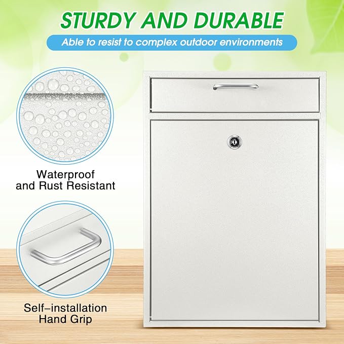 Yaocom Locking Mailbox with Key for Outdoor 16.2 x 11.2 x 4.7 Inches Large Wall Mount Mail Box with Lock Security Mail Drop Metal Collection Boxes Hanging Secure Postbox(Creamy White)