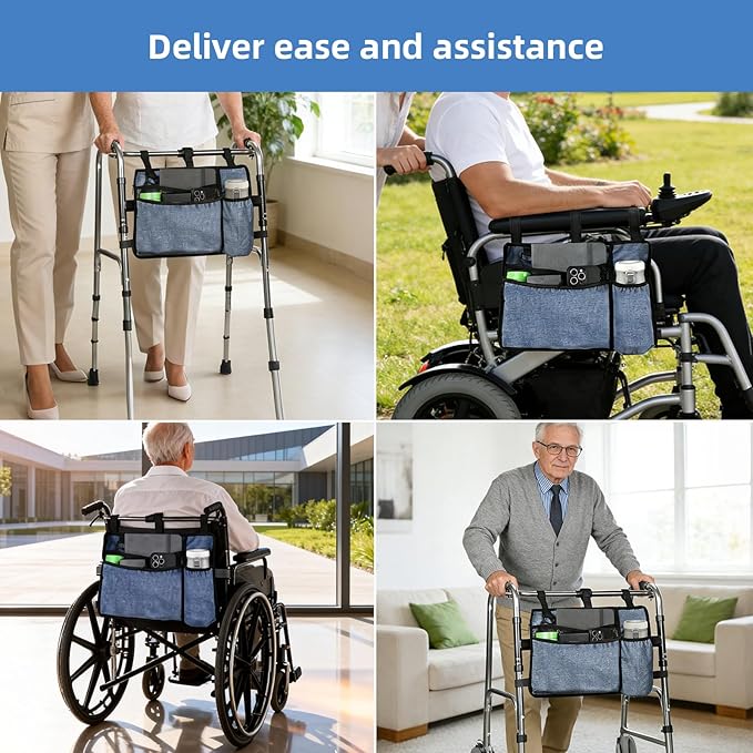 Dark Blue Walker Storage Bag with Cup Holder - Foldable Water Resistant Large Capacity Basket, Armrest Accessories for Folding Walkers Rollators Seniors Elderly Handicap