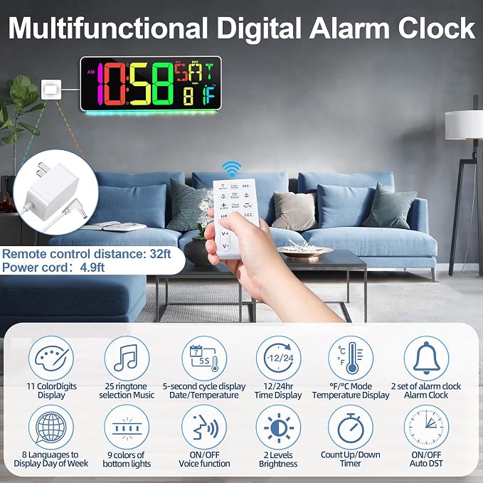 CYMHCHL Large Digital Wall Clock Large Display 11 Colors Available with Colorful Night Light Temperature Date Week DST Auto-Dimming Big LED Clock Count Up & Down Timer for Home Gym Office School