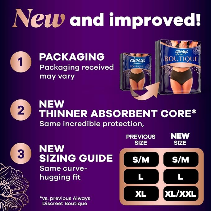 Always Discreet Boutique Incontinence and Postpartum Underwear for Women, Maximum Protection, Large, Black, 18 Count